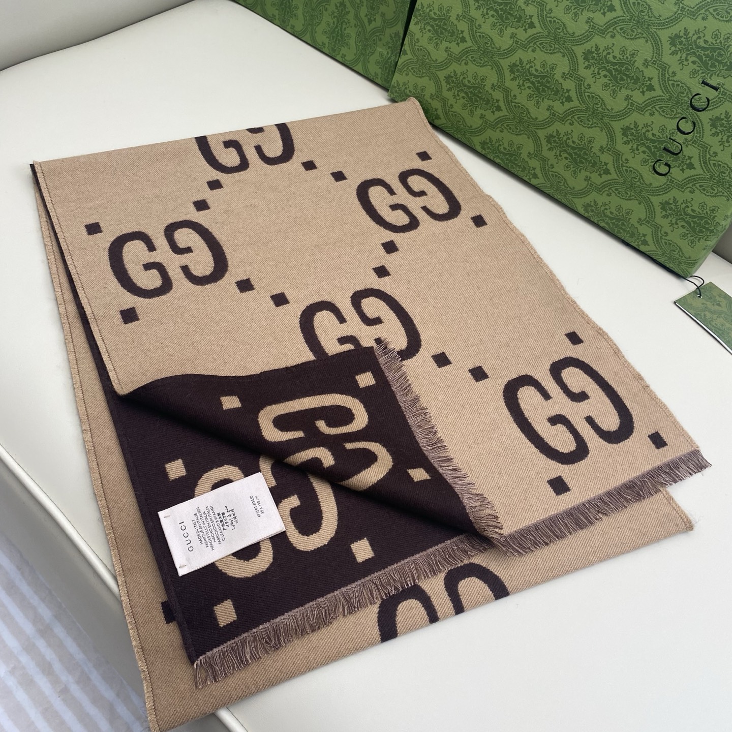 Gucci一比一丹寧藍復古GG羊毛圍巾 流蘇寬版設計｜歐美奢侈品精品推薦