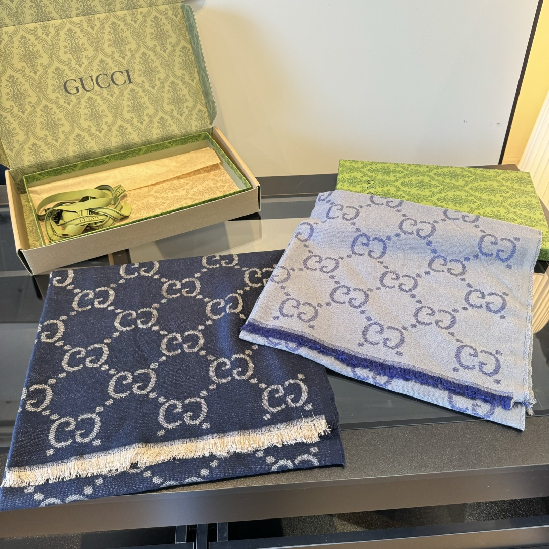 Gucci 原單深藍拼灰雙G羊毛圍巾 男女款低調雙面織設計款｜歐美奢侈品精品推薦