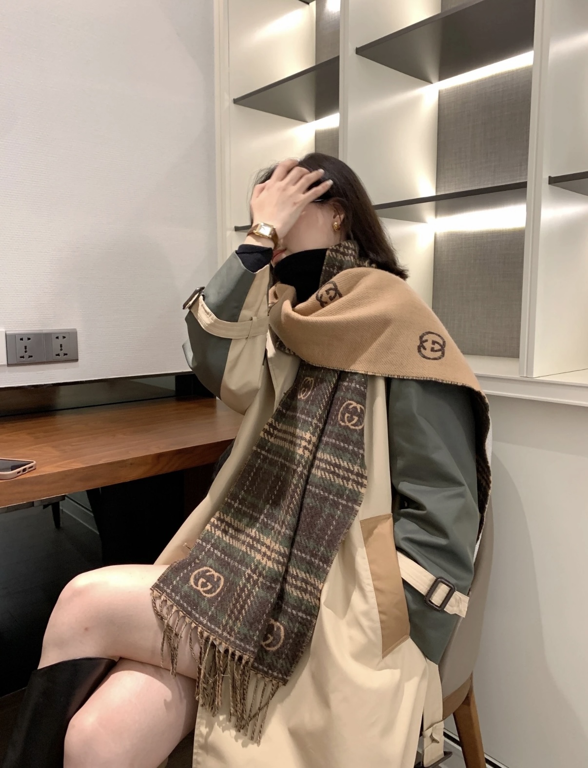 Gucci A貨復古格紋雙G圍巾 女款秋冬格紋風經典再現