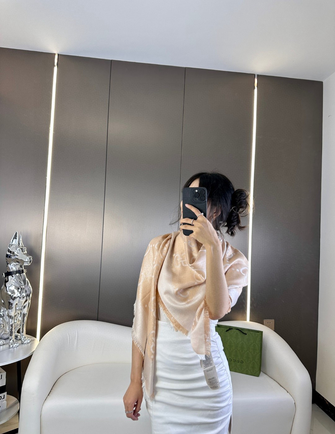 Gucci原單精品女款絲質圍巾香檳金GG緹花輕奢質感