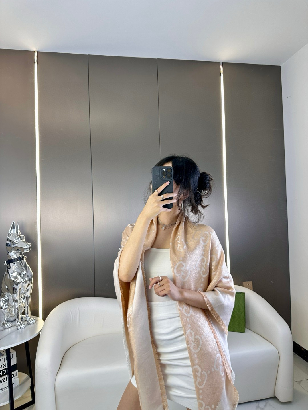 Gucci原單精品女款絲質圍巾香檳金GG緹花輕奢質感｜歐美奢侈品精品推薦