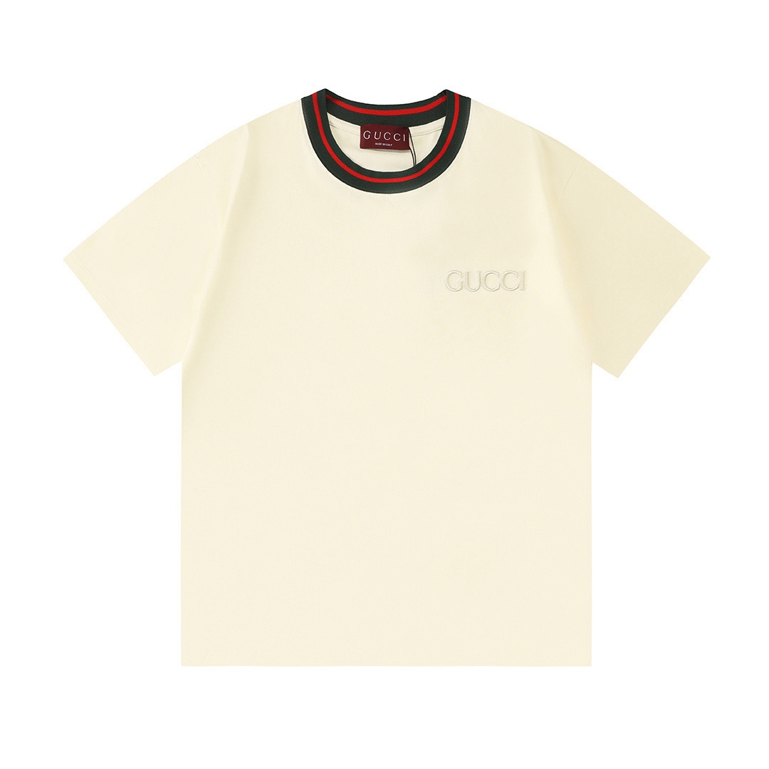 GucciA貨白色短袖T恤男款 撞色領口設計展現風格