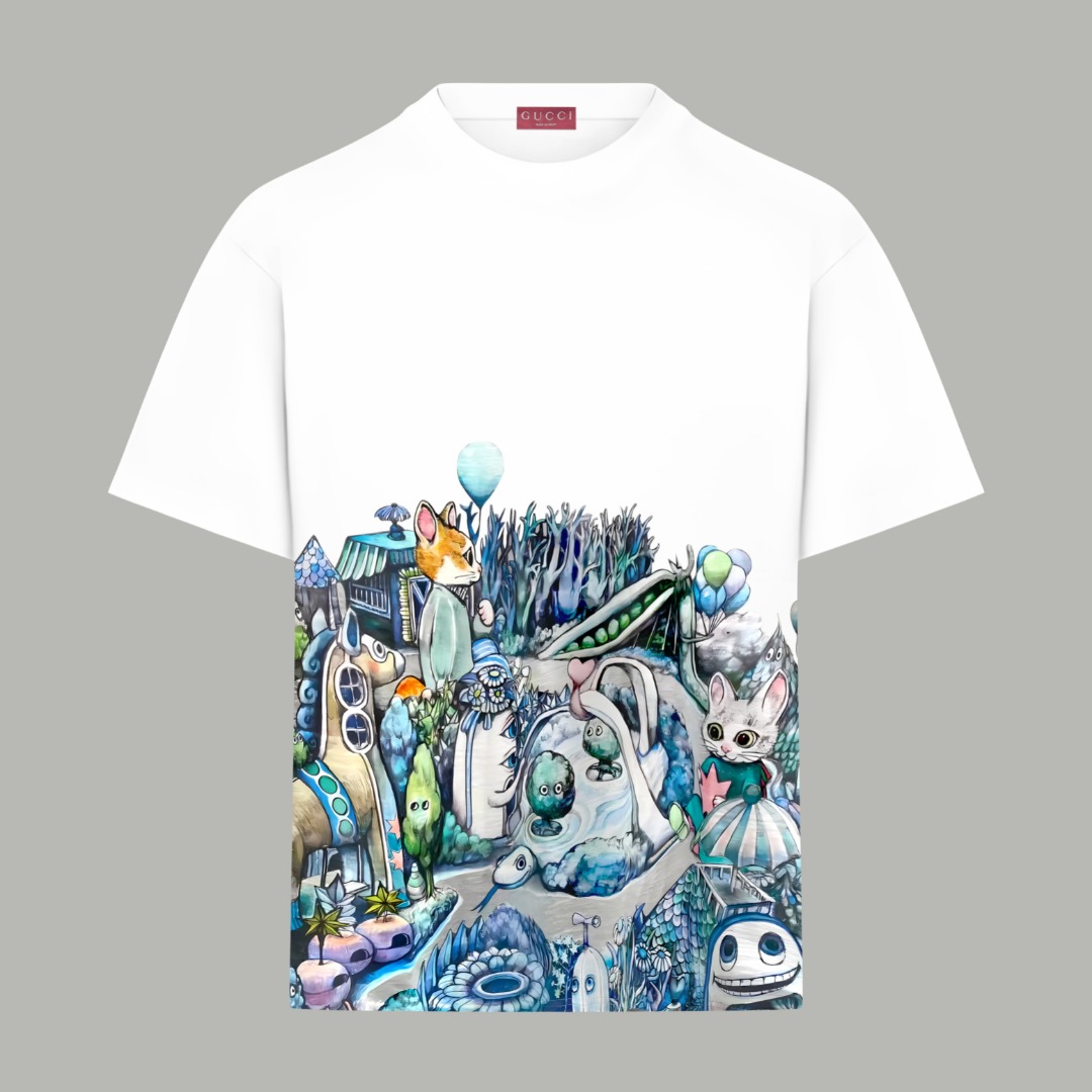 Gucci高仿白色插畫T恤男款 森林童話印花寬鬆潮T