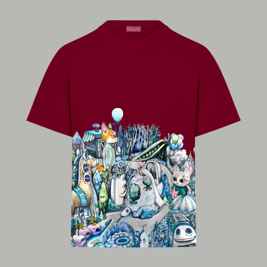Gucci一比一紅酒色插畫T恤男款 童趣印花潮流街拍款