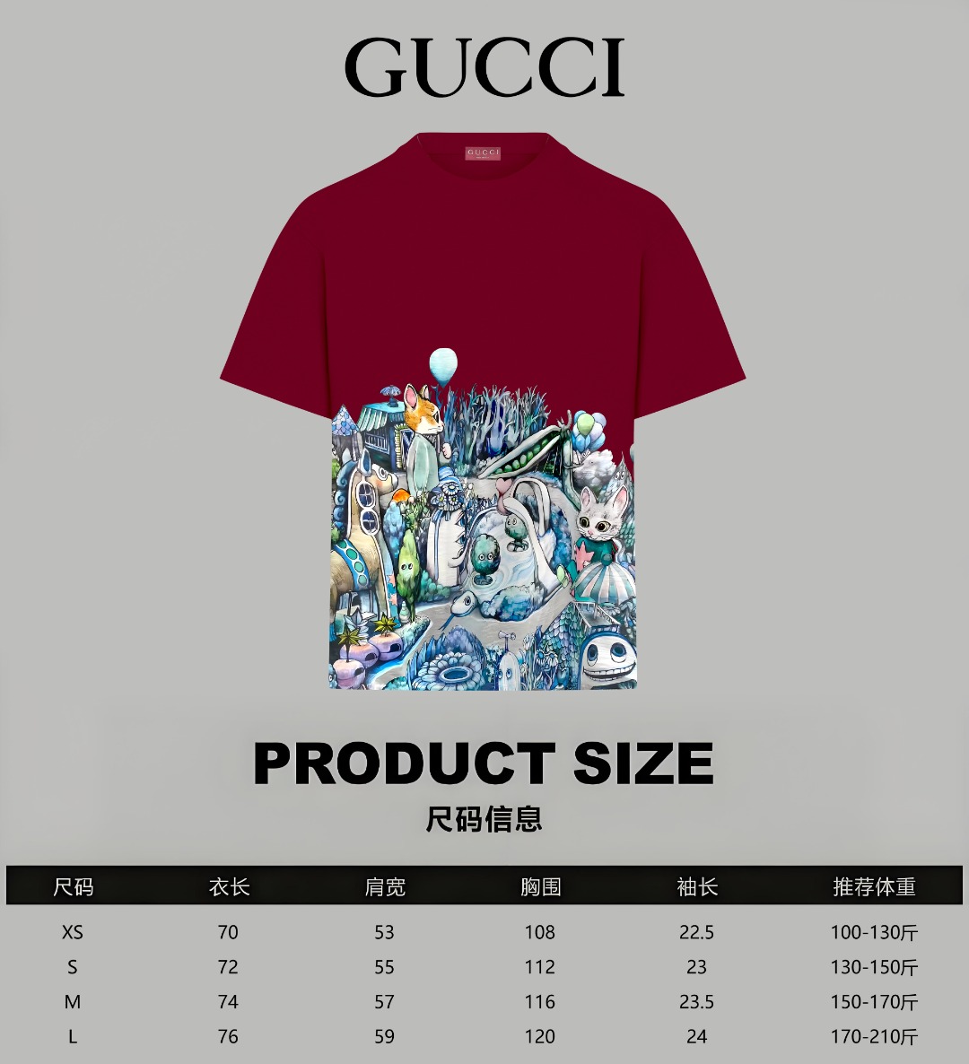 Gucci一比一紅酒色插畫T恤男款 童趣印花潮流街拍款| 7 Gucci一比一紅酒色插畫T恤男款 童趣印花潮流街拍款