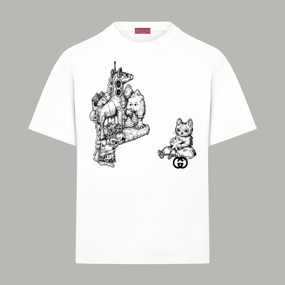 Gucci原單白色插畫短T男款 黑線風格藝術圖案T恤