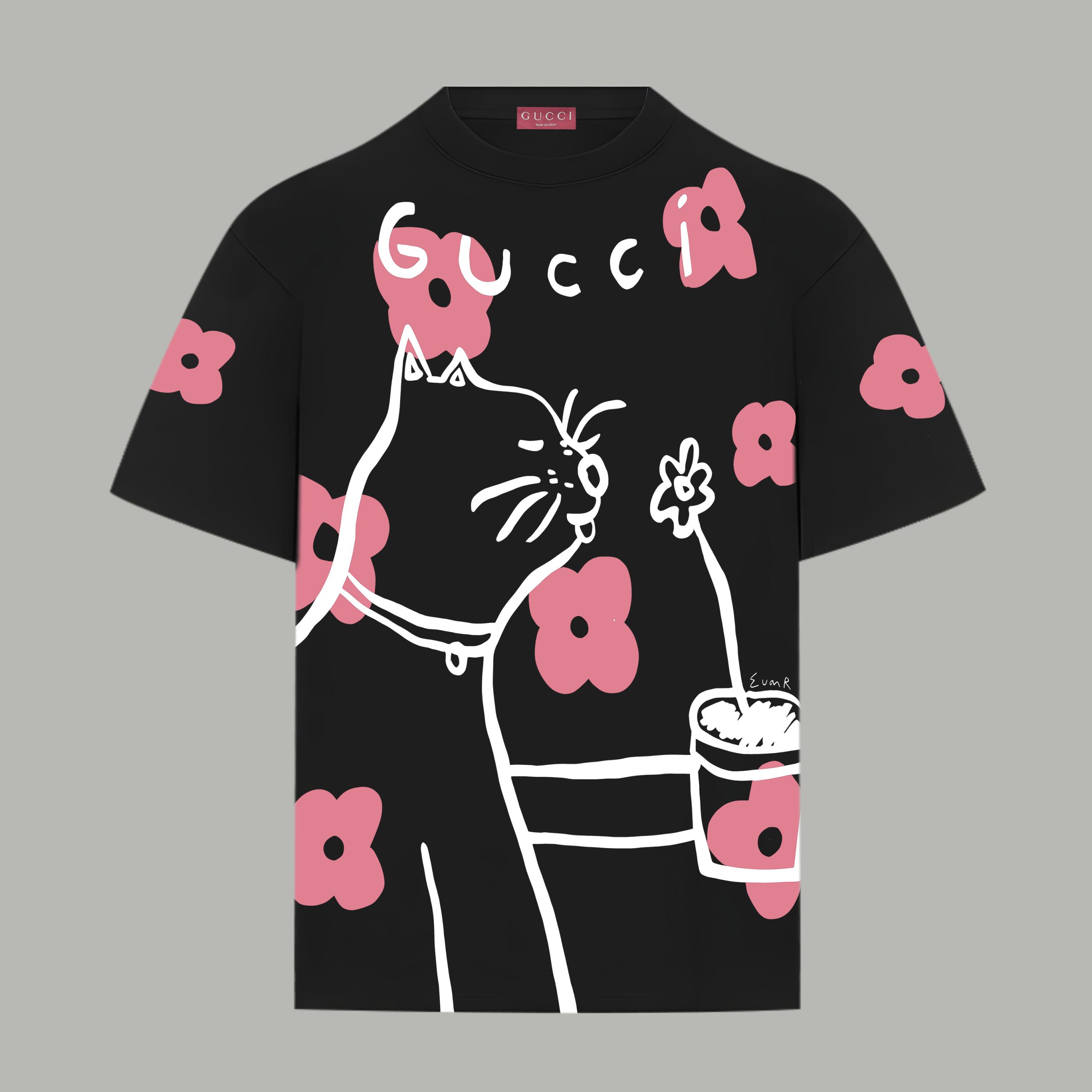 Gucci高仿男士T恤 黑色底粉紅花貓插畫潮流藝術款