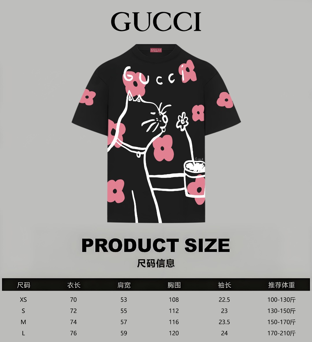 Gucci高仿男士T恤 黑色底粉紅花貓插畫潮流藝術款| 7 Gucci高仿男士T恤 黑色底粉紅花貓插畫潮流藝術款