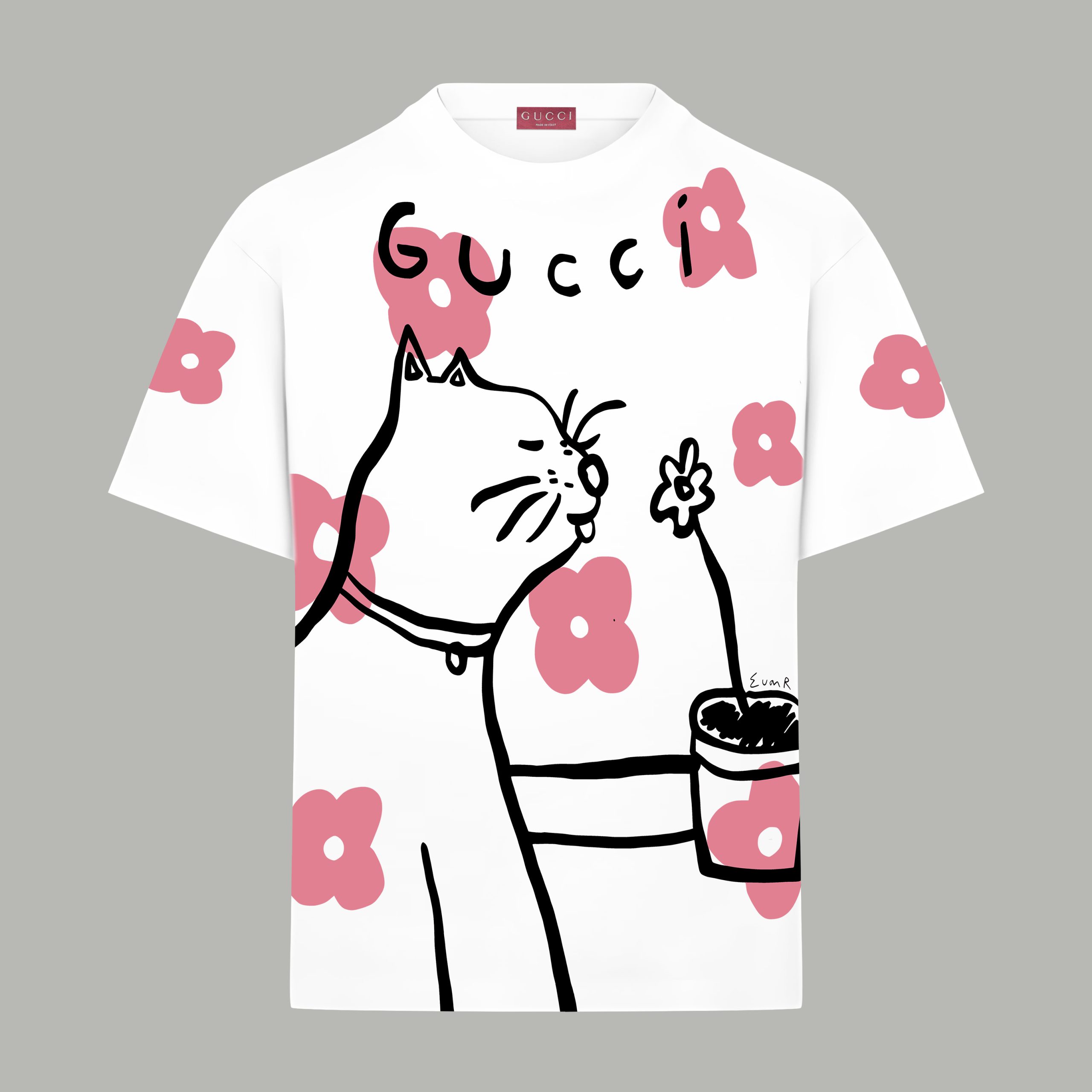 Gucci原單男士插畫短袖T恤 白底粉紅貓咪花卉童趣設計