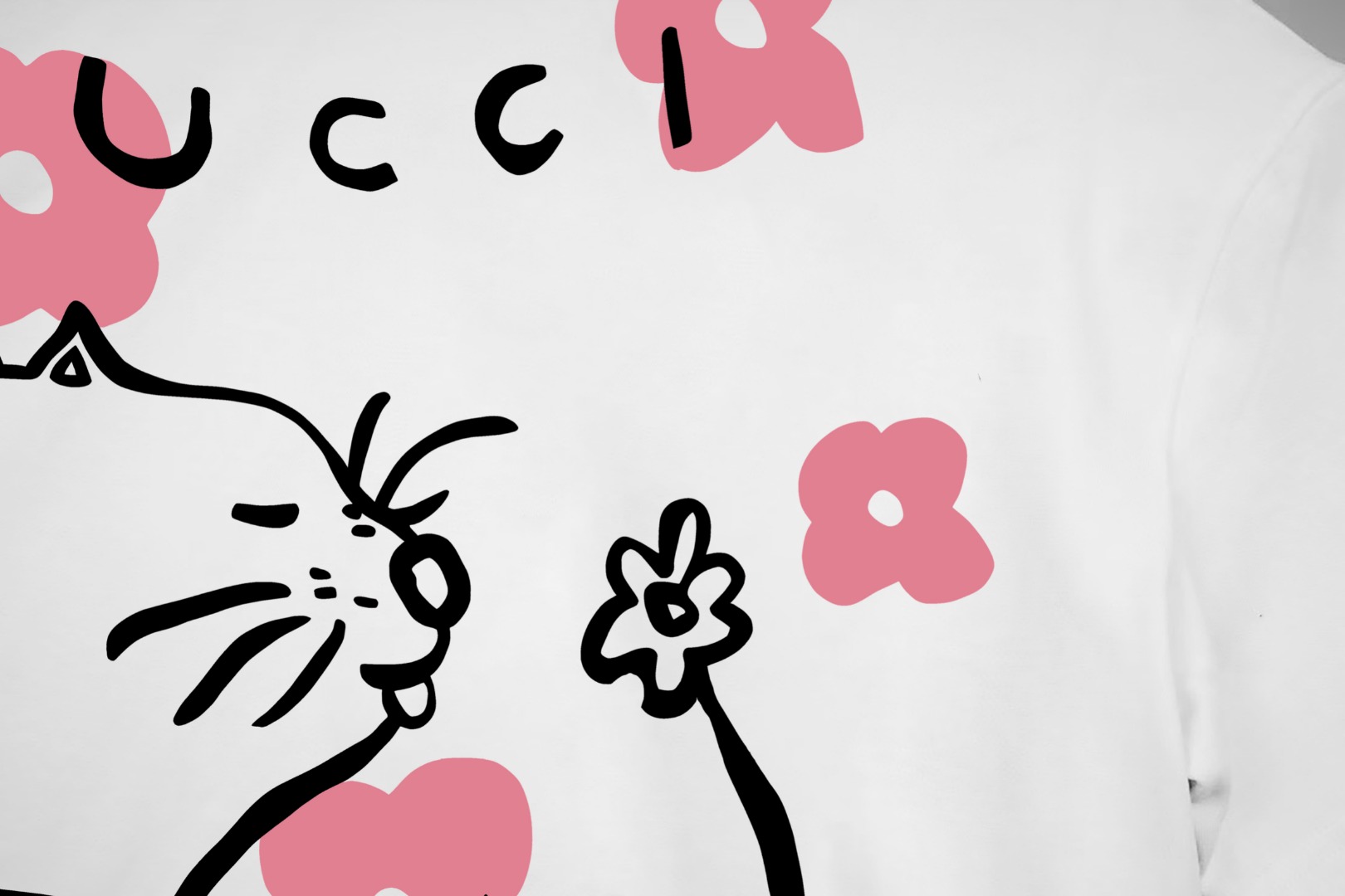 Gucci原單男士插畫短袖T恤 白底粉紅貓咪花卉童趣設計| 11 Gucci原單男士插畫短袖T恤 白底粉紅貓咪花卉童趣設計