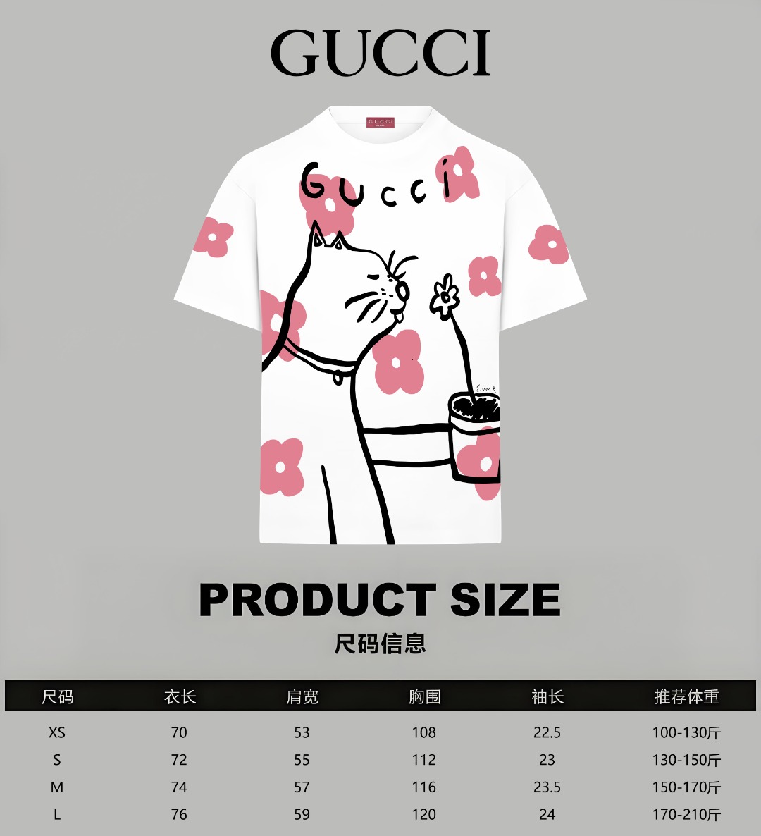 Gucci原單男士插畫短袖T恤 白底粉紅貓咪花卉童趣設計| 7 Gucci原單男士插畫短袖T恤 白底粉紅貓咪花卉童趣設計