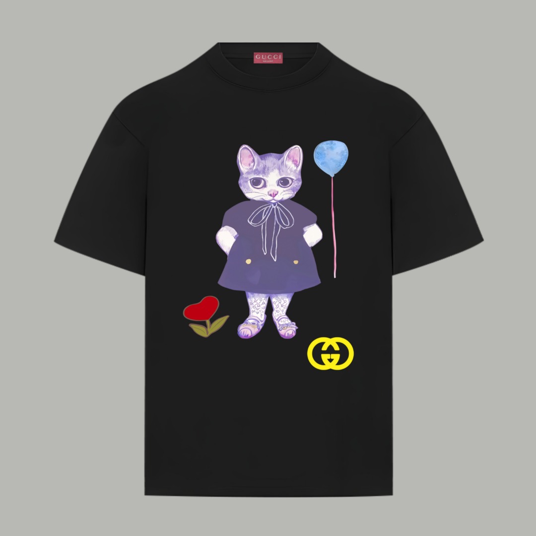 Gucci高仿男女款短袖T恤 可愛貓咪印花 圖騰感十足