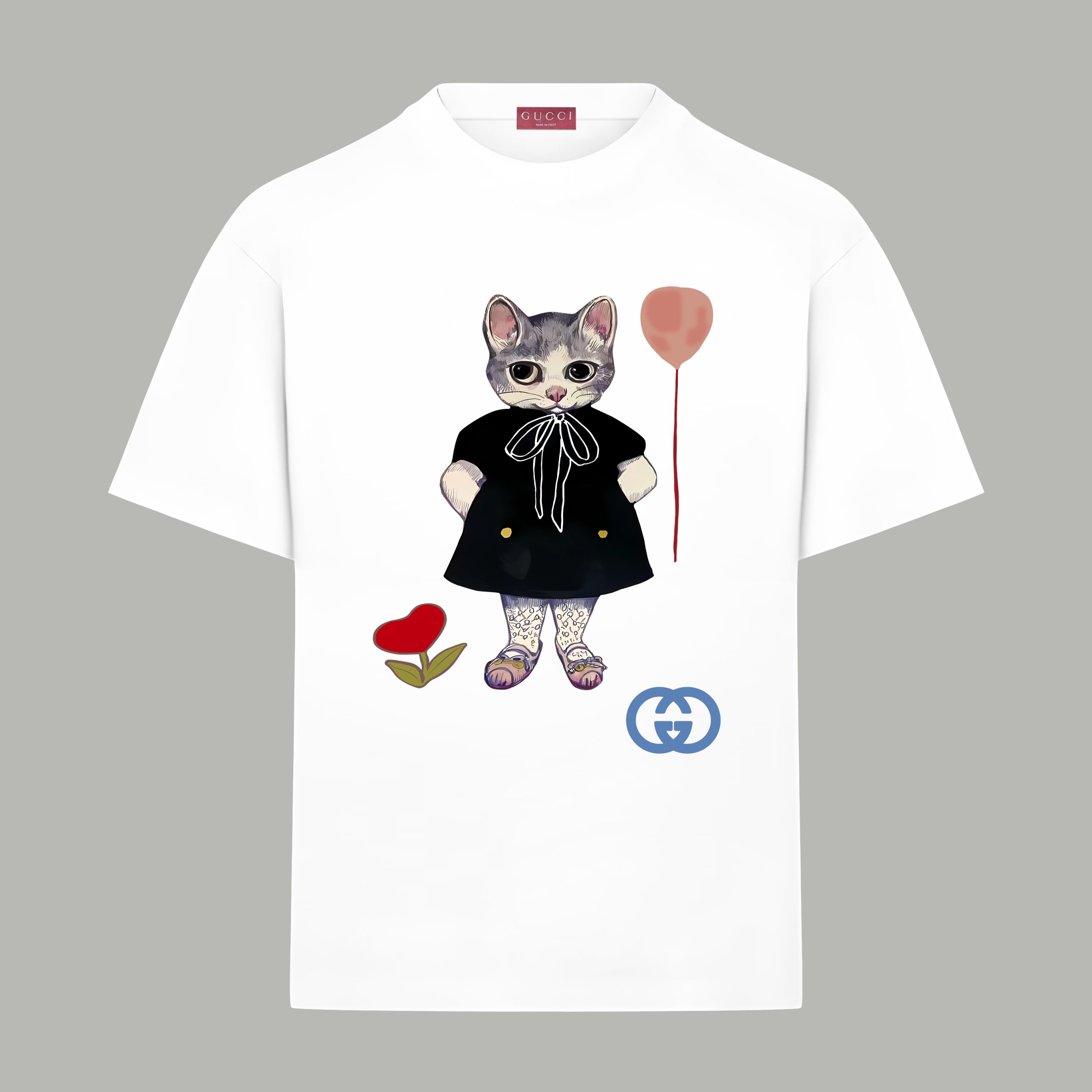 Gucci高仿短袖T恤 男女皆可穿 可愛貓咪風格白色款
