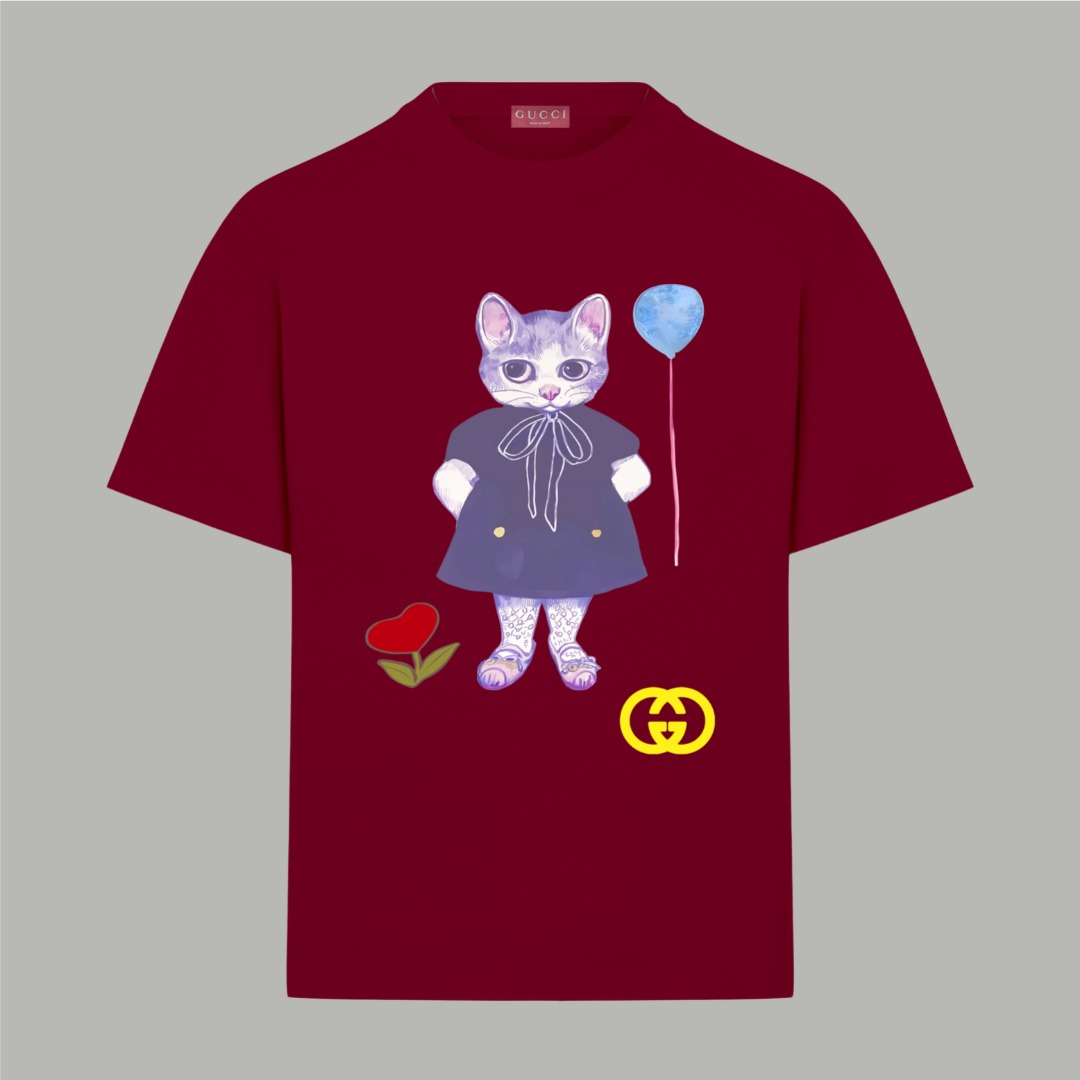 Gucci高仿男女款短袖T恤 貓咪插畫 酒紅色吸睛設計