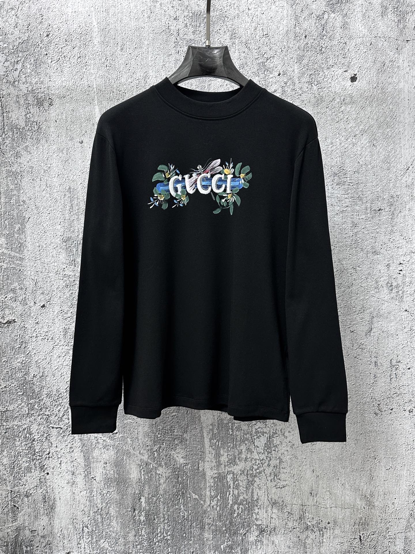 Gucci高仿黑色長袖T恤 花卉刺繡設計 潮流感刺繡單品