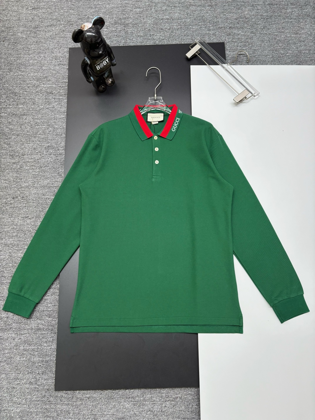 Gucci高仿綠色長袖POLO衫 品牌刺繡紅綠織帶領設計