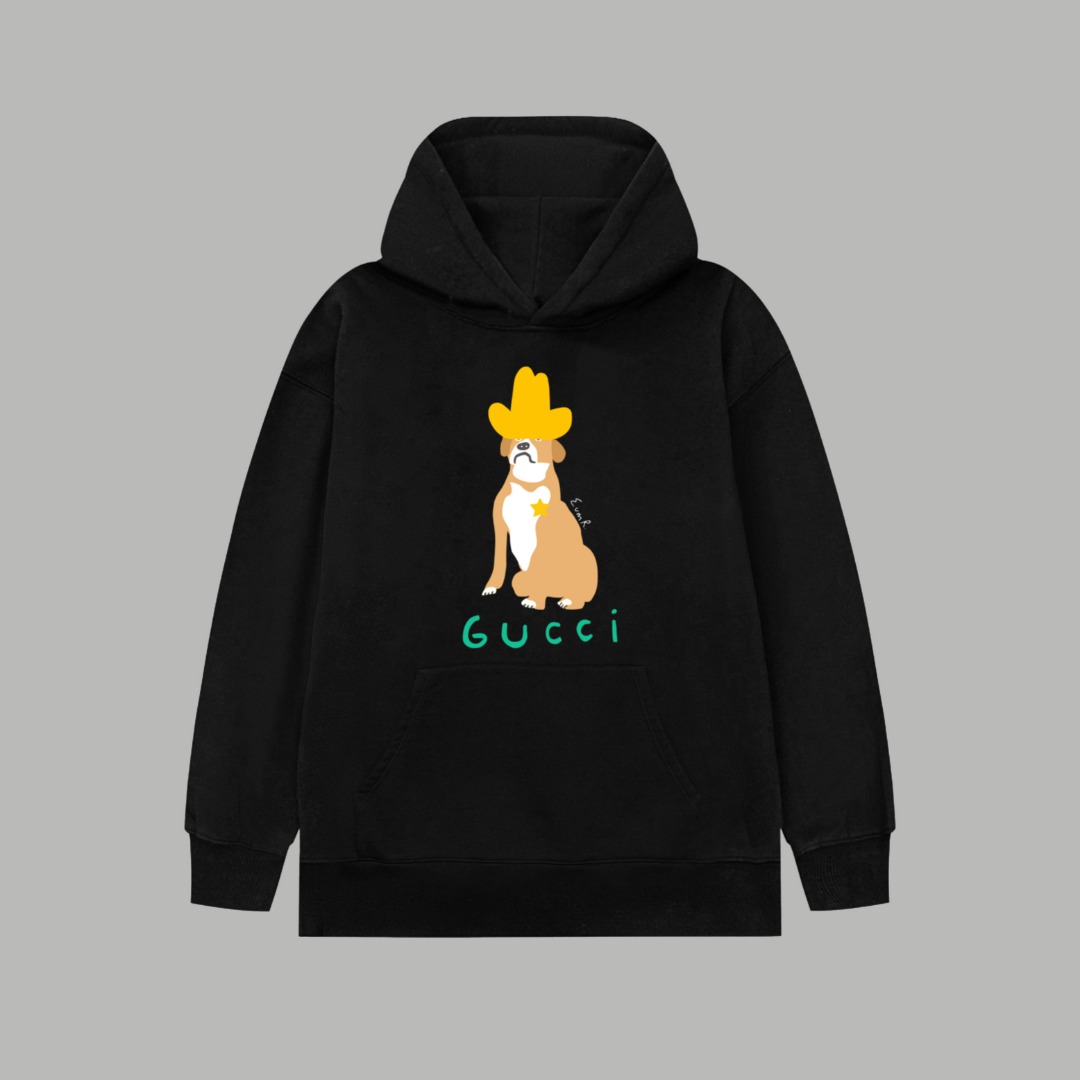 Gucci高仿連帽衛衣男士黑色狗狗印花趣味設計休閒款