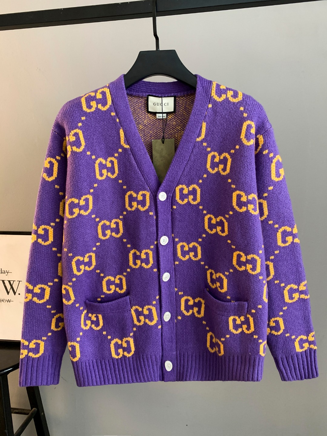 Gucci原單針織開襟毛衣男士紫色GG圖樣復古風穿搭