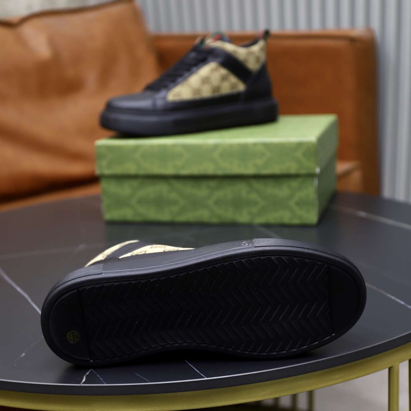 Gucci 高仿男士高筒鞋 GG老花拼黑皮 米黃潮流復刻款|超A仿原單精品圖片 7 Gucci 高仿男士高筒鞋 GG老花拼黑皮 米黃潮流復刻款|歐美奢侈品精品推薦