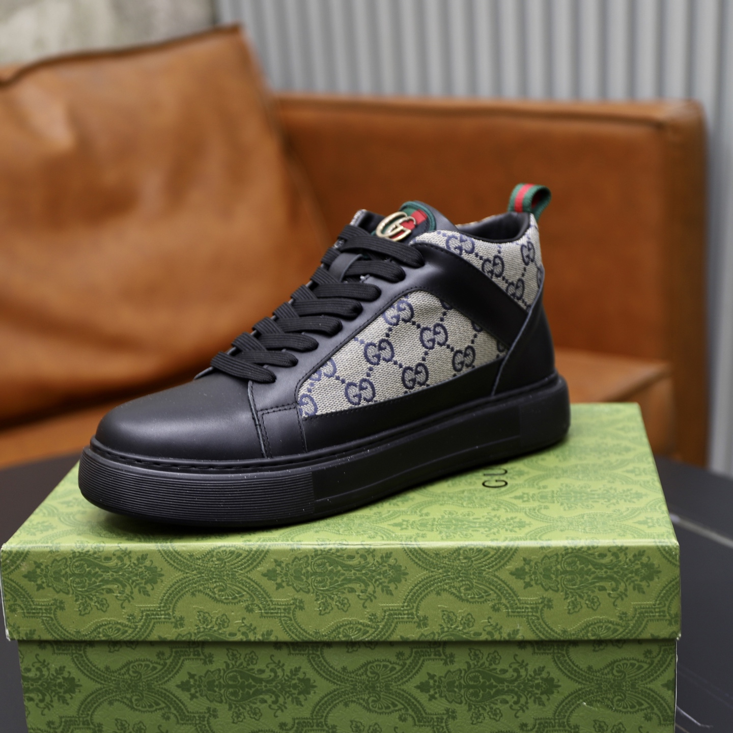 Gucci 高仿高筒運動鞋 男款灰白GG老花拼皮 經典潮搭｜歐美奢侈品精品推薦