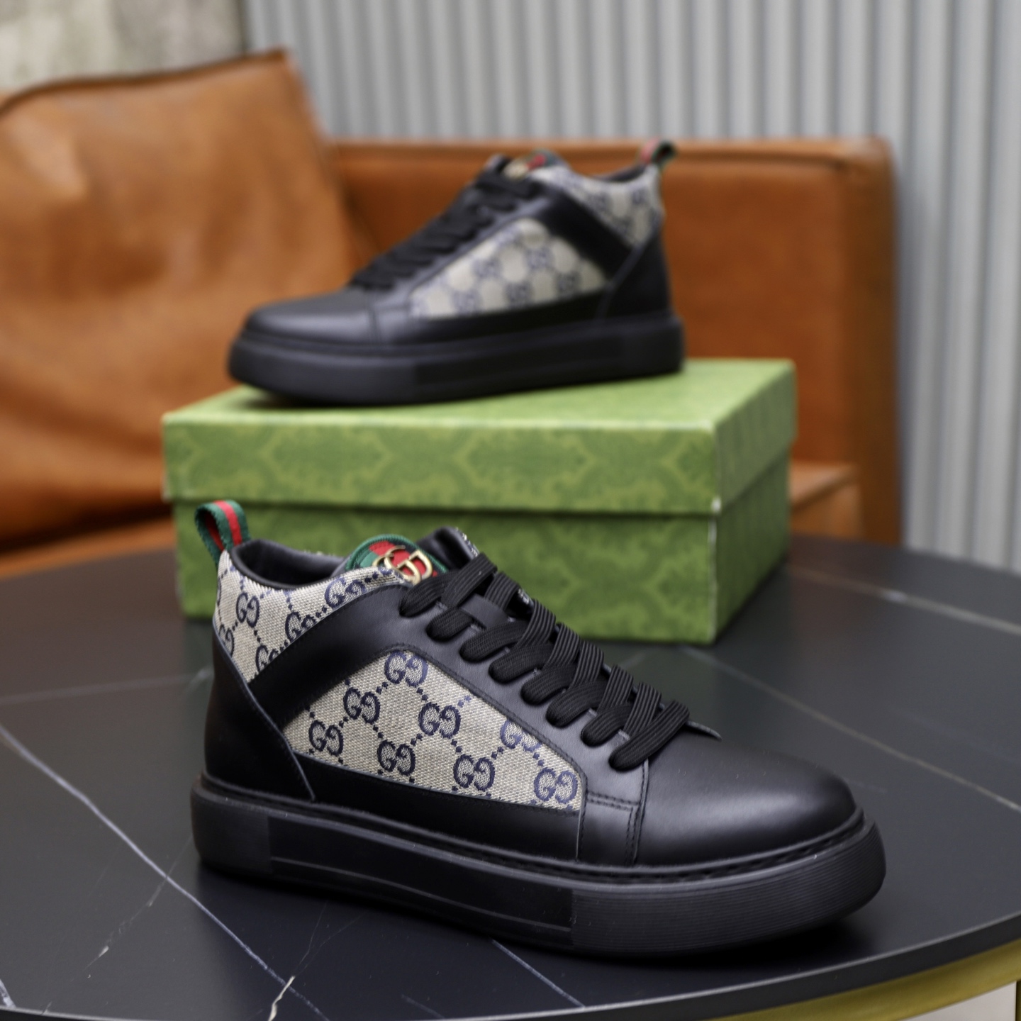 Gucci 高仿高筒運動鞋 男款灰白GG老花拼皮 經典潮搭｜歐美奢侈品精品推薦