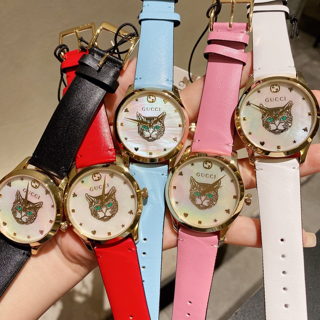 Gucci原單G-Timeless貓眼女錶多色皮帶時尚個性設計