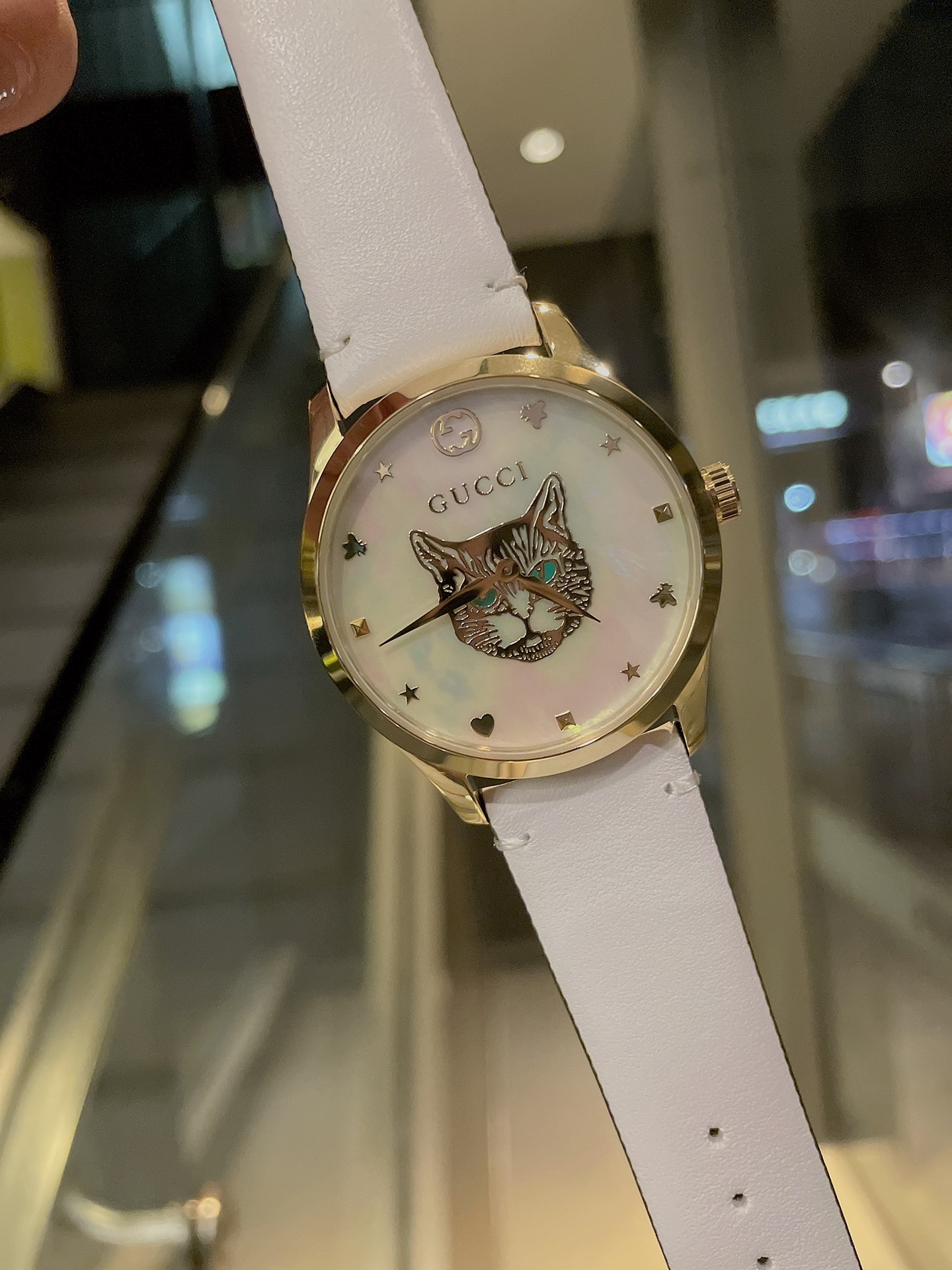 Gucci高仿G-Timeless白皮貓眼女錶珍珠母貝面經典小錶款