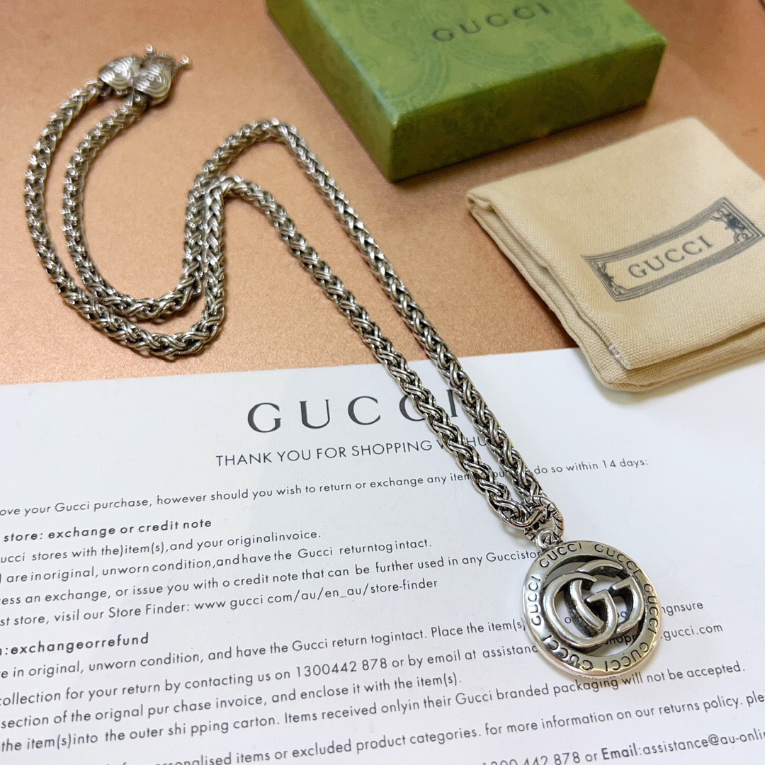Gucci A貨男士項鍊 圓牌雙G立體浮雕 銀色編織鍊復刻設計｜歐美奢侈品精品推薦