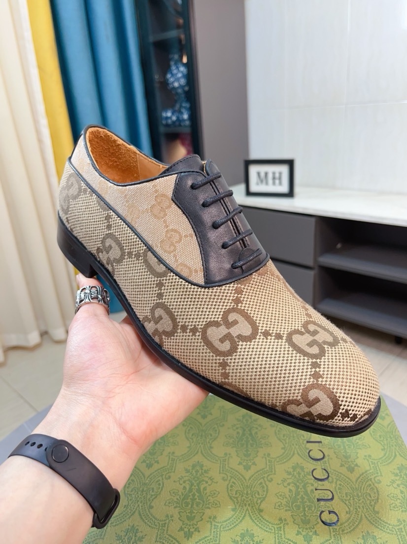 Gucci 高仿男士帆布德比鞋 GG經典圖騰拼色紳士鞋款｜歐美奢侈品精品推薦