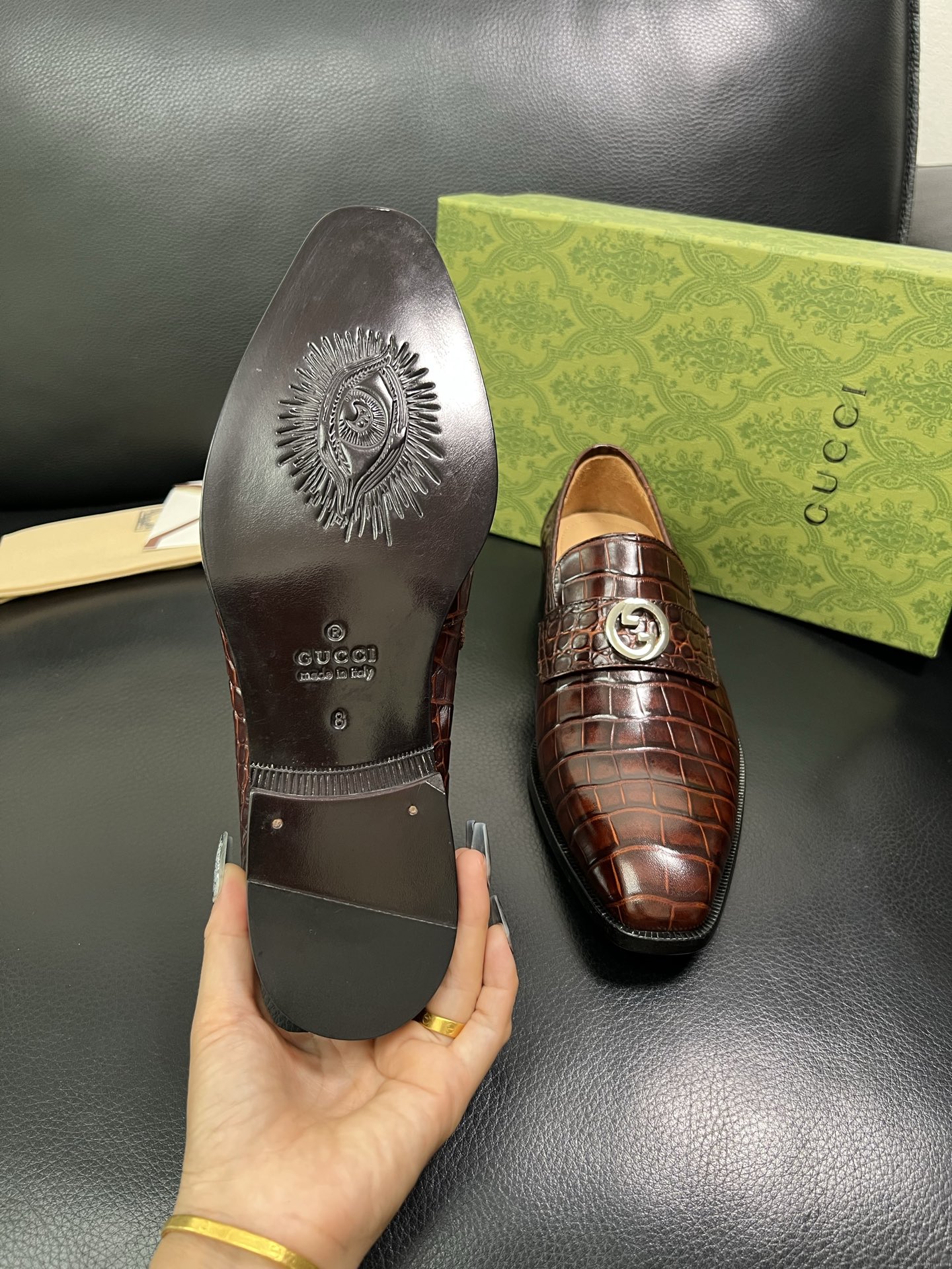 Gucci 一比一男士鱷魚紋皮鞋 棕色金屬飾扣 經典義式設計款｜歐美奢侈品精品推薦