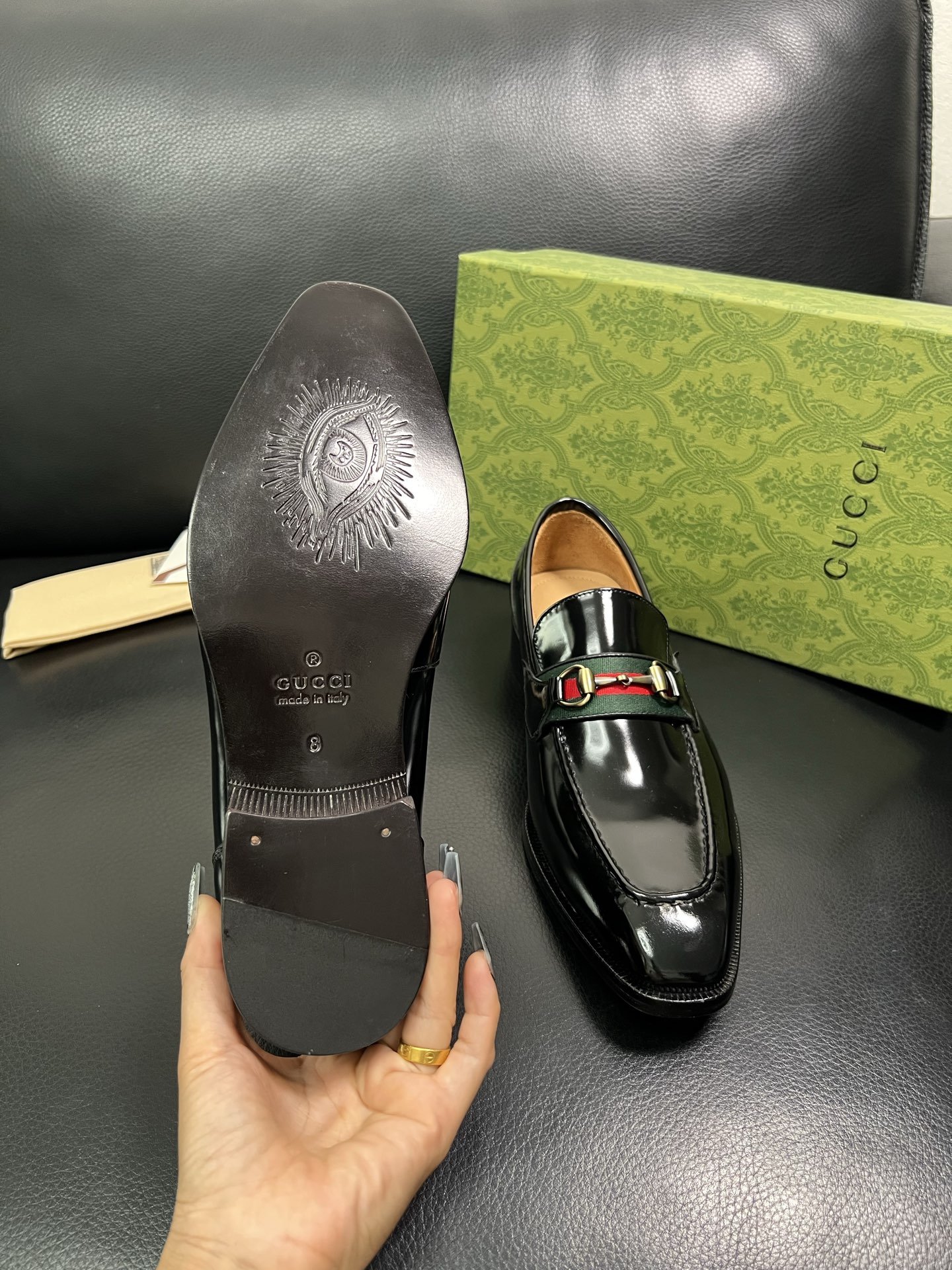 Gucci A貨男士亮皮樂福鞋 黑色光澤 紅綠織帶設計款| 8 Gucci A貨男士亮皮樂福鞋 黑色光澤 紅綠織帶設計款