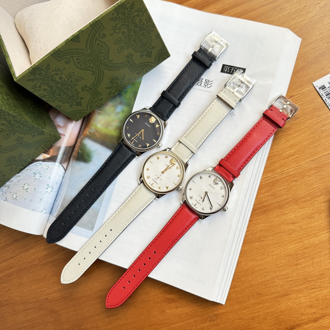 Gucci精品仿製中性手錶 星空錶盤復古風設計三色皮革帶款