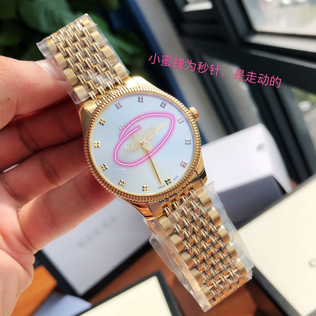 Gucci高仿金色鍊帶手錶 蜜蜂雕紋母貝錶盤 亮眼金屬質感女錶｜歐美奢侈品精品推薦