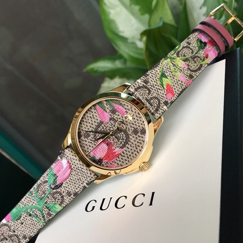 Gucci A貨女錶 花卉印花面盤設計 皮革錶帶粉嫩氣質風格款｜歐美奢侈品精品推薦