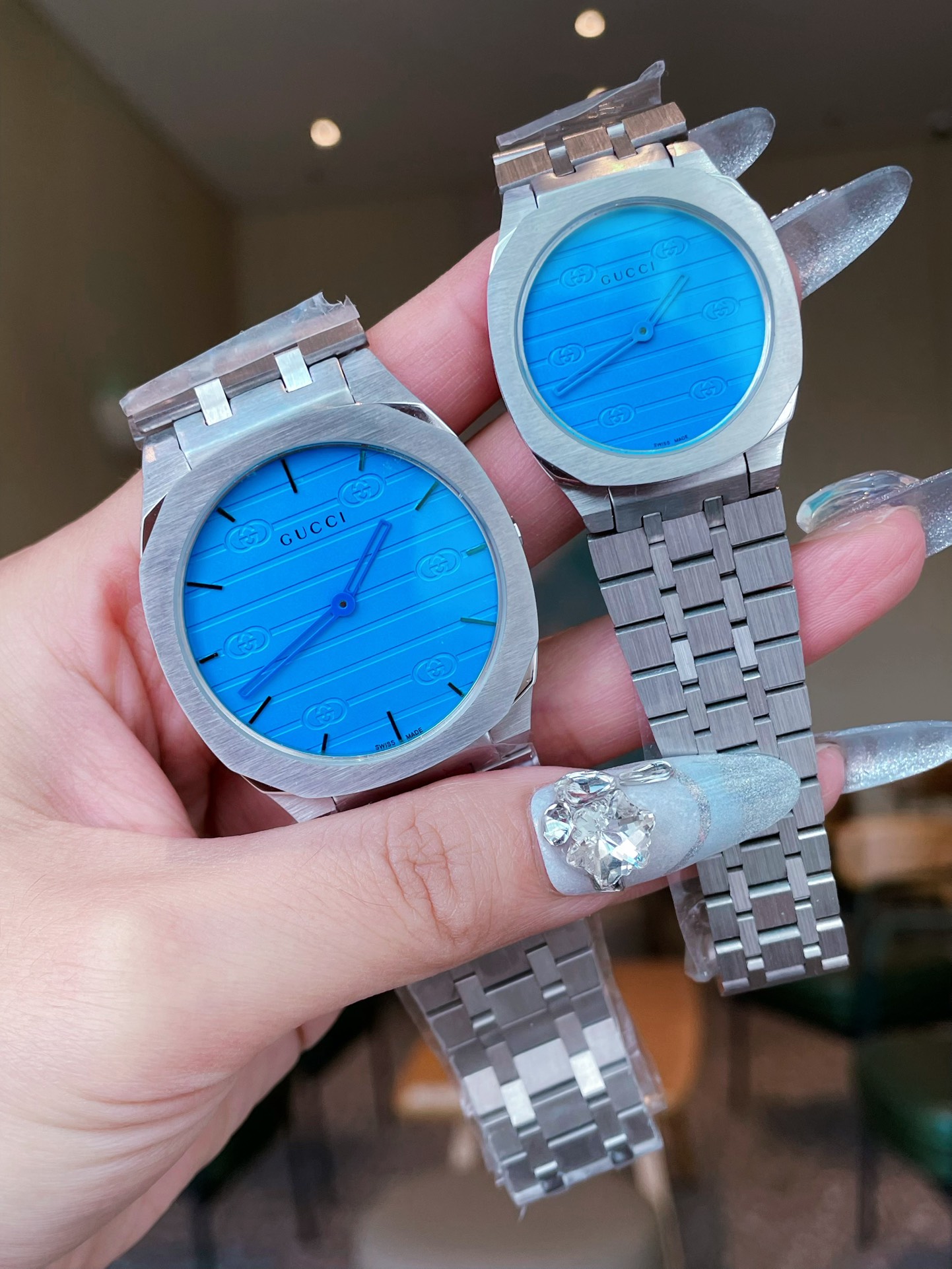 Gucci一比一情侶錶 藍面25H系列 個性鋼帶復古造型對錶