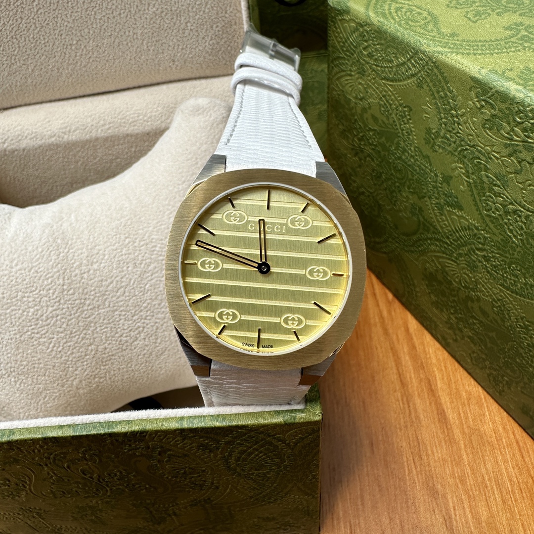 Gucci原單男錶 25H系列金面雕刻LOGO 金屬質感設計款｜歐美奢侈品精品推薦