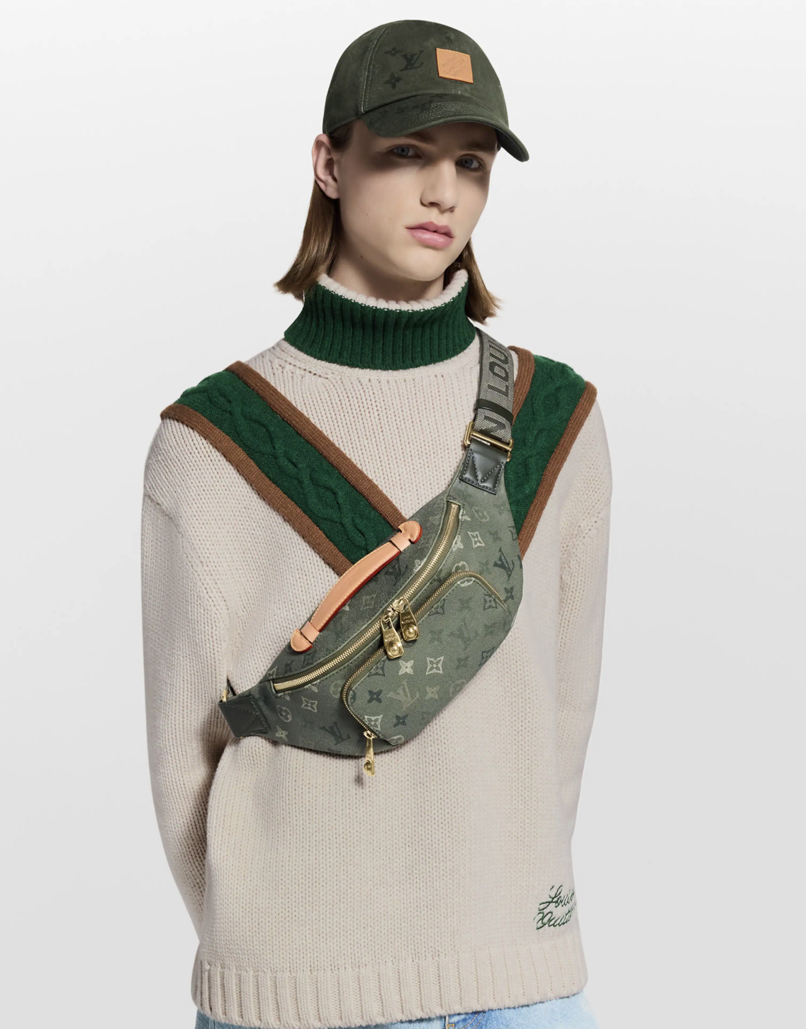 LV高仿老花腰包 墨綠帆布拼皮革 多層收納戶外必備