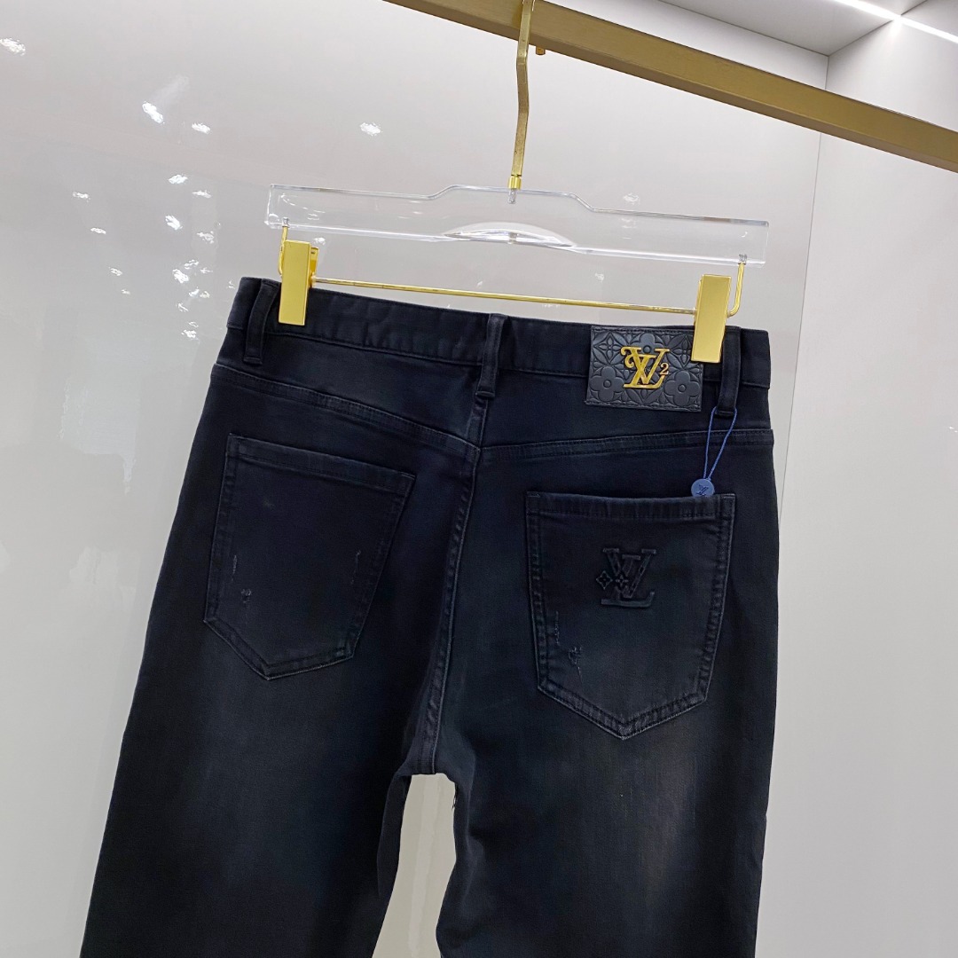 LV高仿男士黑色刷色牛仔褲極簡貼腿修身版型｜歐美奢侈品精品推薦