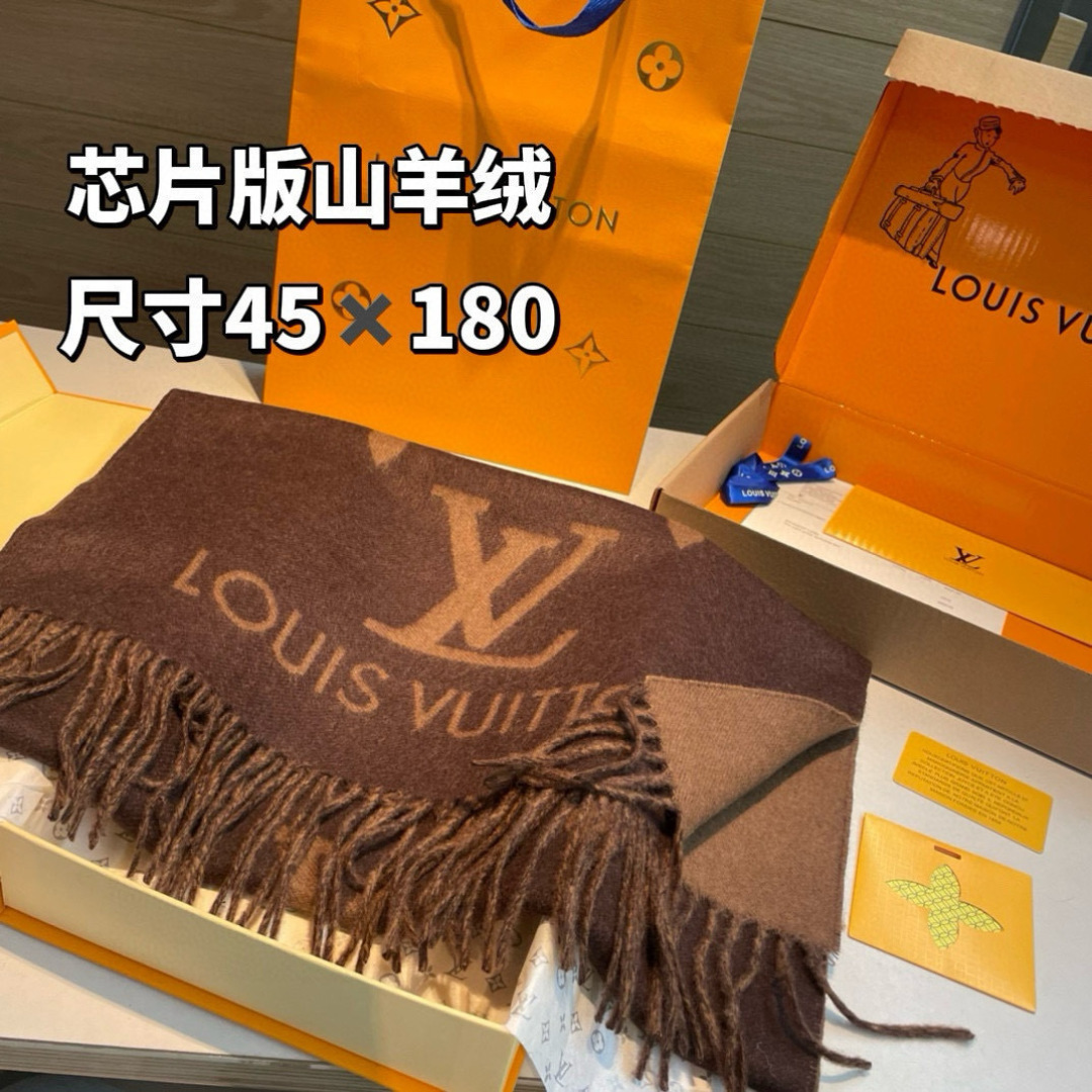 LV高仿咖啡色山羊絨圍巾 雙面Logo設計典藏級秋冬配件