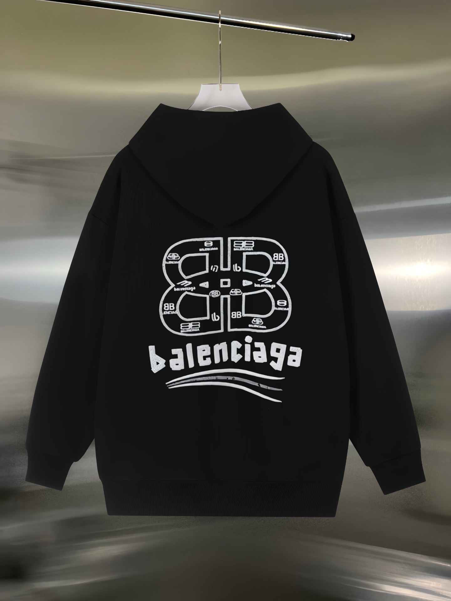 Balenciaga原單連帽衛衣黑色男款BB字母弧形圖騰款| 11 Balenciaga原單連帽衛衣黑色男款BB字母弧形圖騰款