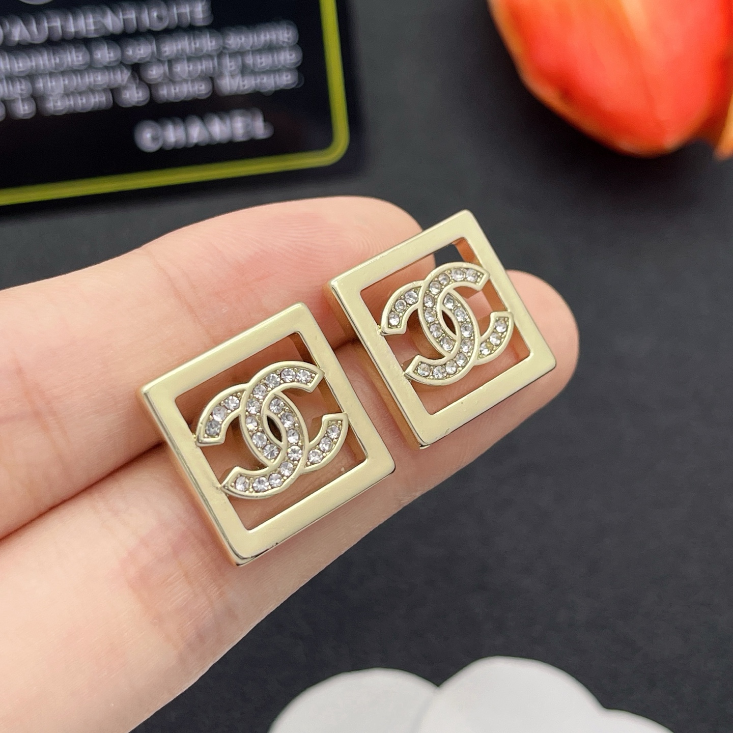 Chanel一比一精品耳環方形金色雙C鑲鑽款