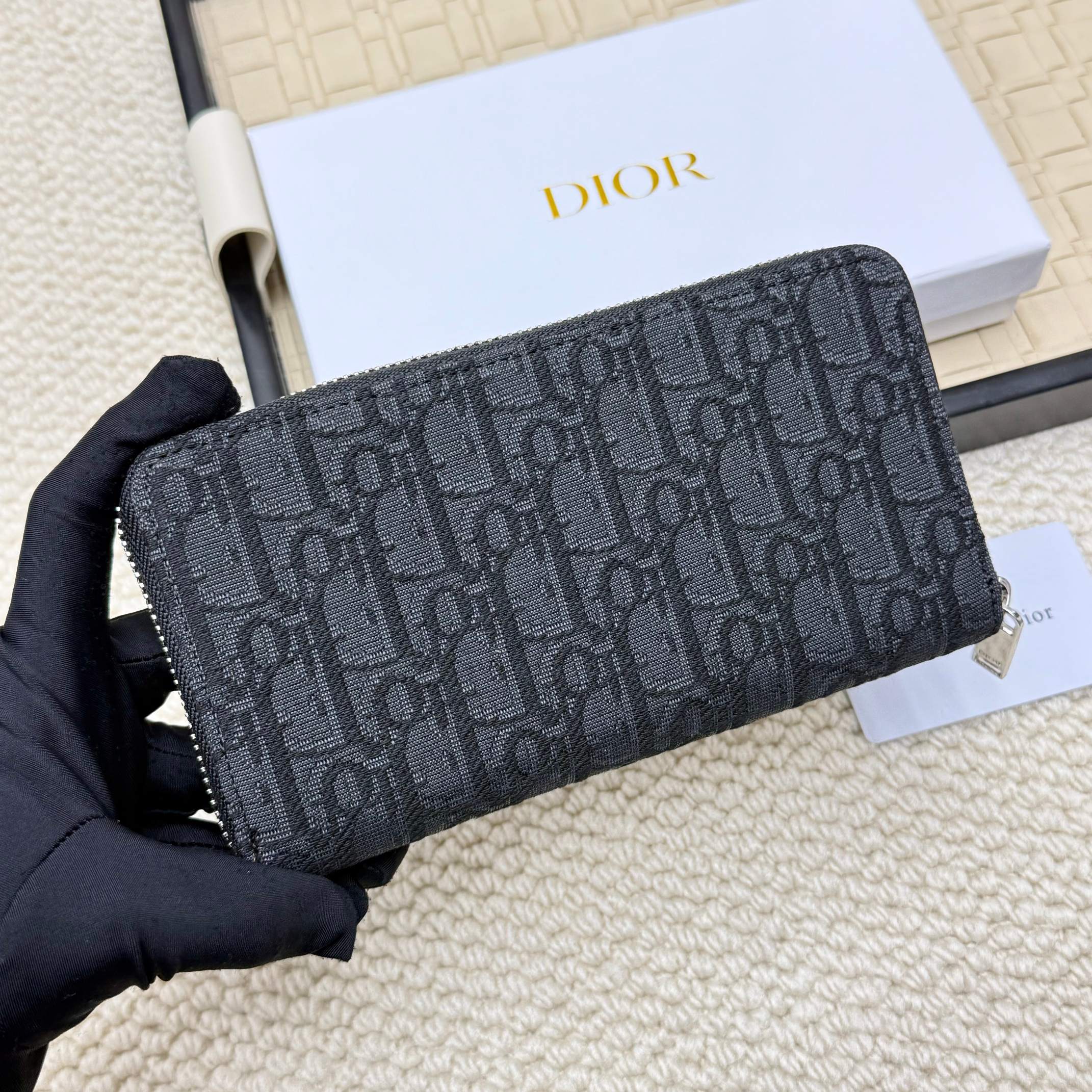DiorA貨男士拼接皮革長夾黑灰老花設計