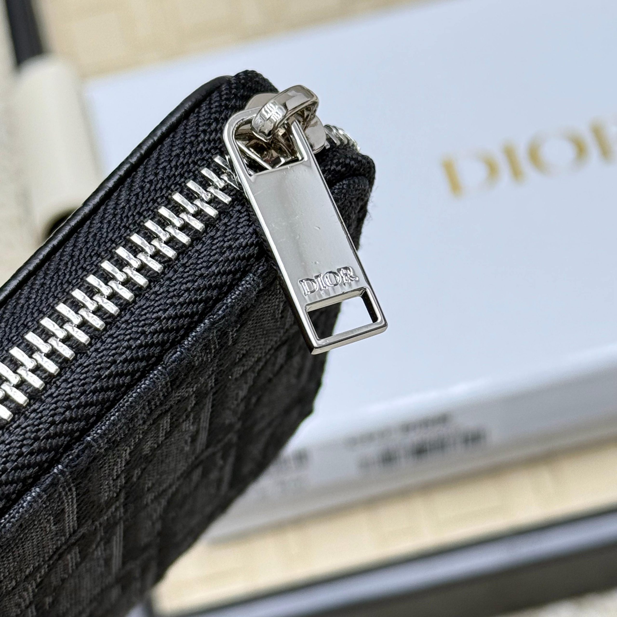 DiorA貨男士拼接皮革長夾黑灰老花設計