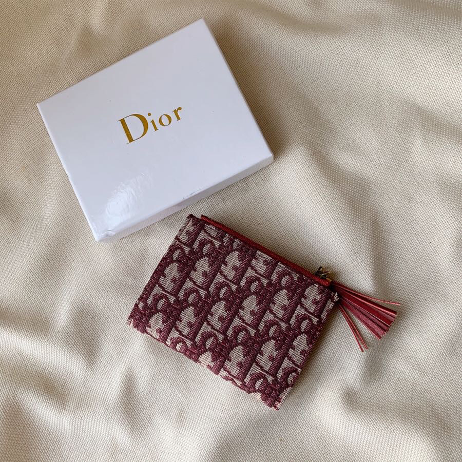 Dior 原單女用卡夾 酒紅老花紋 拉鍊流蘇配皮革扣環| 14 Dior 原單女用卡夾 酒紅老花紋 拉鍊流蘇配皮革扣環