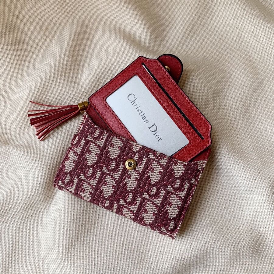 Dior 原單女用卡夾 酒紅老花紋 拉鍊流蘇配皮革扣環| 12 Dior 原單女用卡夾 酒紅老花紋 拉鍊流蘇配皮革扣環