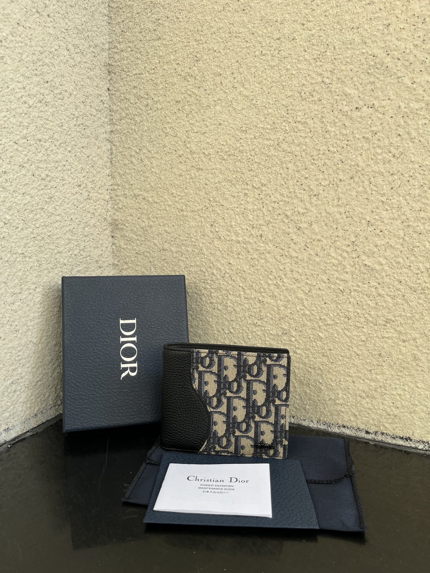 Dior 一比一男士短夾 老花拼皮革款 經典深藍設計