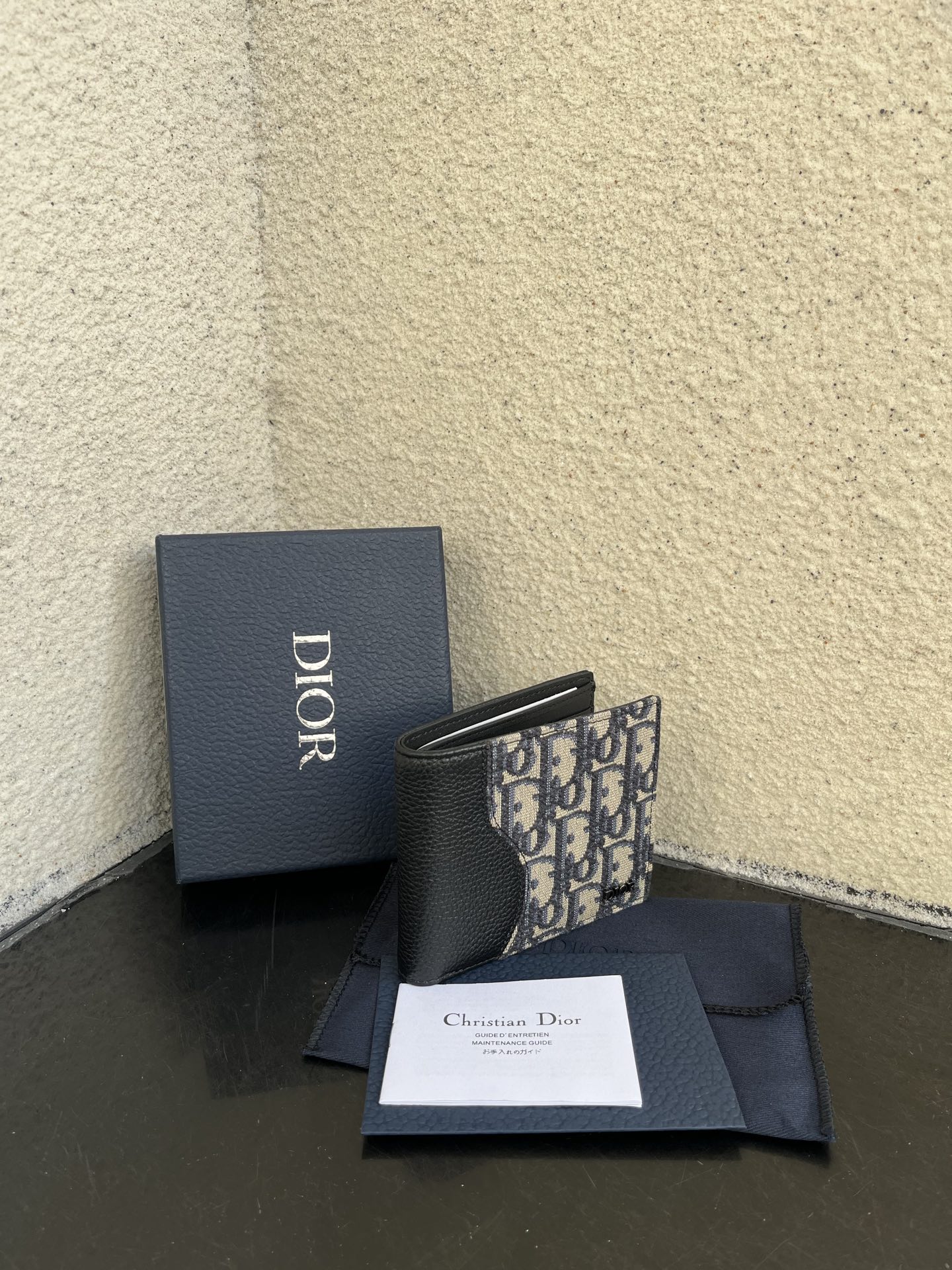 Dior 一比一男士短夾 老花拼皮革款 經典深藍設計| 13 Dior 一比一男士短夾 老花拼皮革款 經典深藍設計