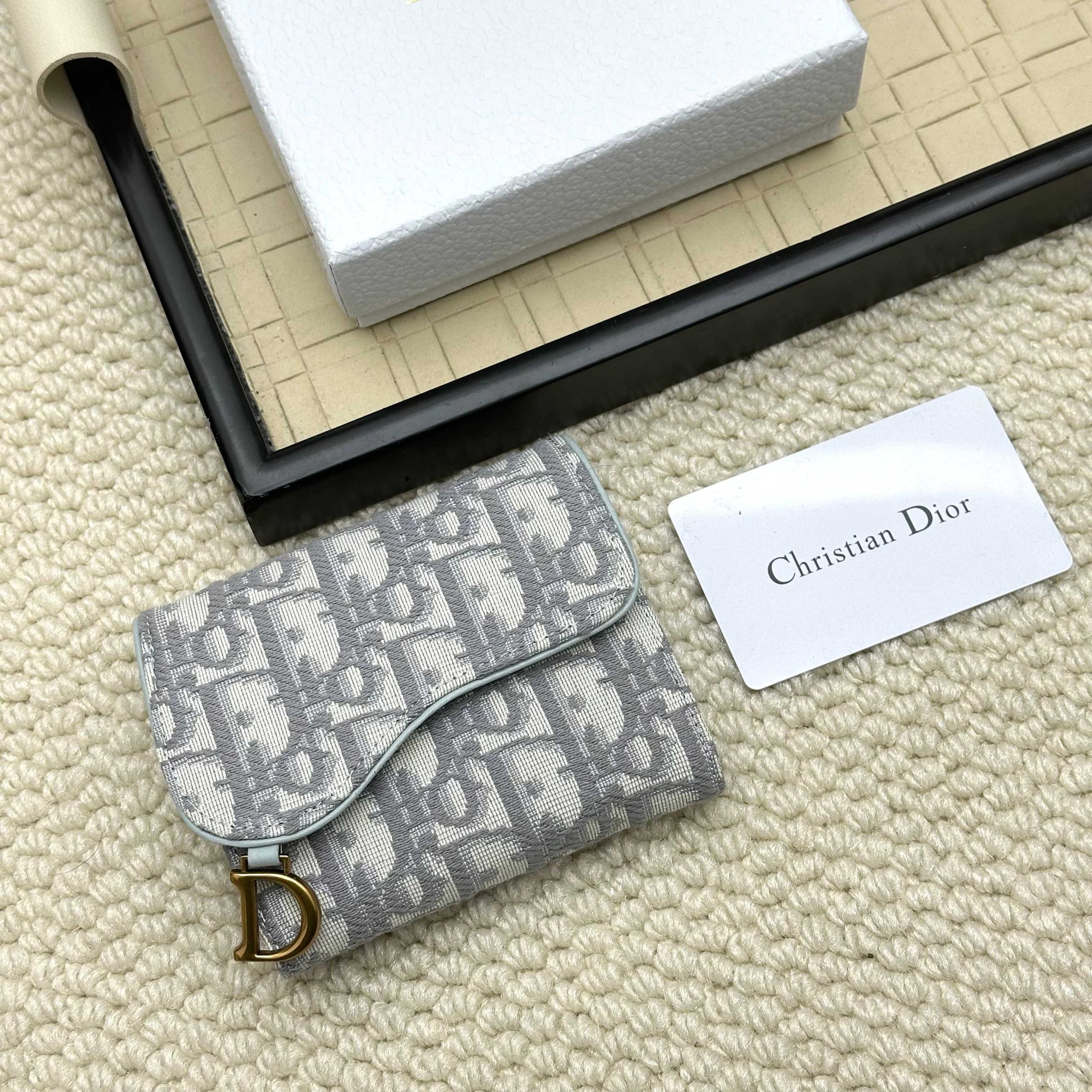 Dior 高仿女士短夾 Oblique 灰白老花布 雙層摺疊設計