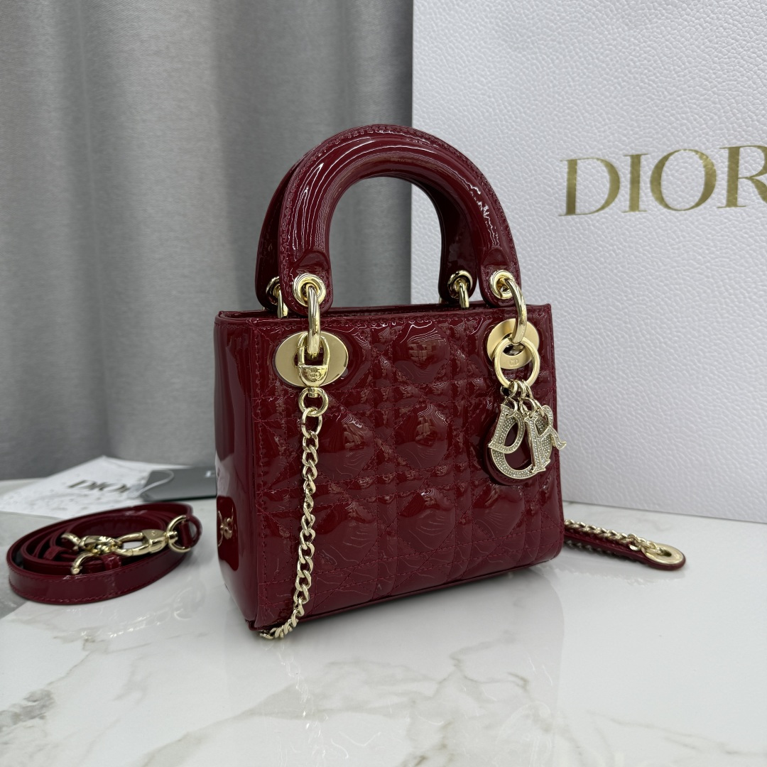 Dior高仿酒紅漆皮Lady Dior手提包女款鏈條設計氣質款| 14 Dior高仿酒紅漆皮Lady Dior手提包女款鏈條設計氣質款