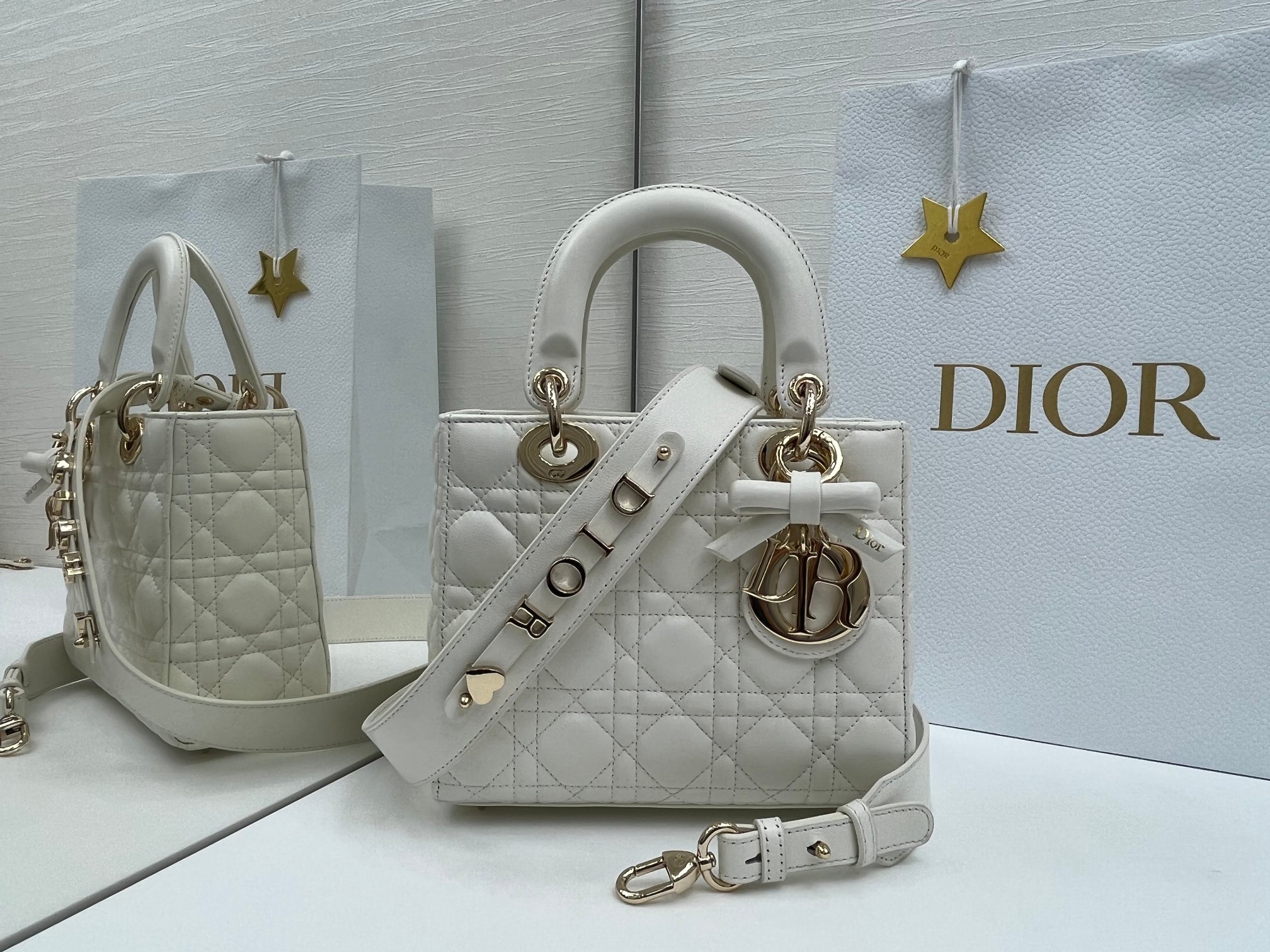 一比一Dior Lady D-Joy白色迷你包 蝴蝶結金扣氣質款式